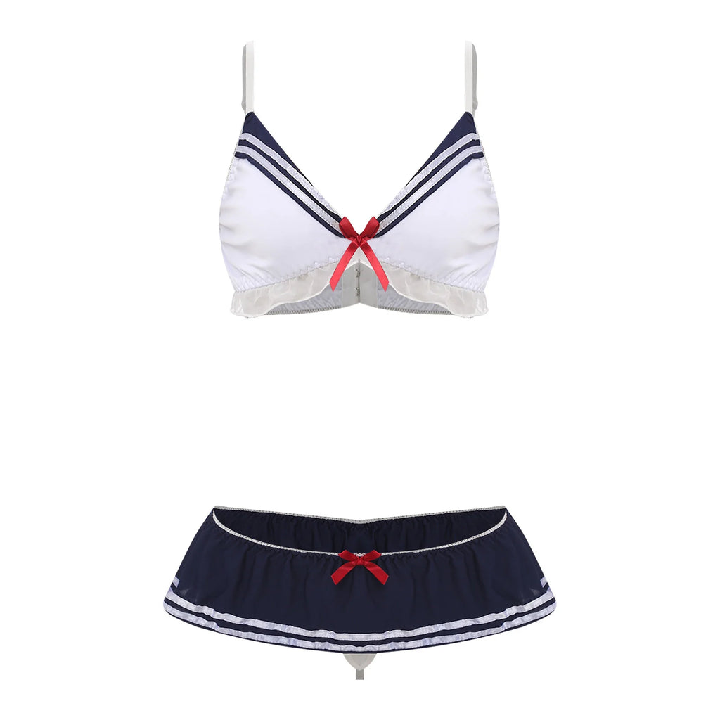 Women Two Pieces Sailor Bikini Swimsuit Swimwear Set Adjustable Shoulder Straps Bra Top with Elastic Waistband Skirted G-string