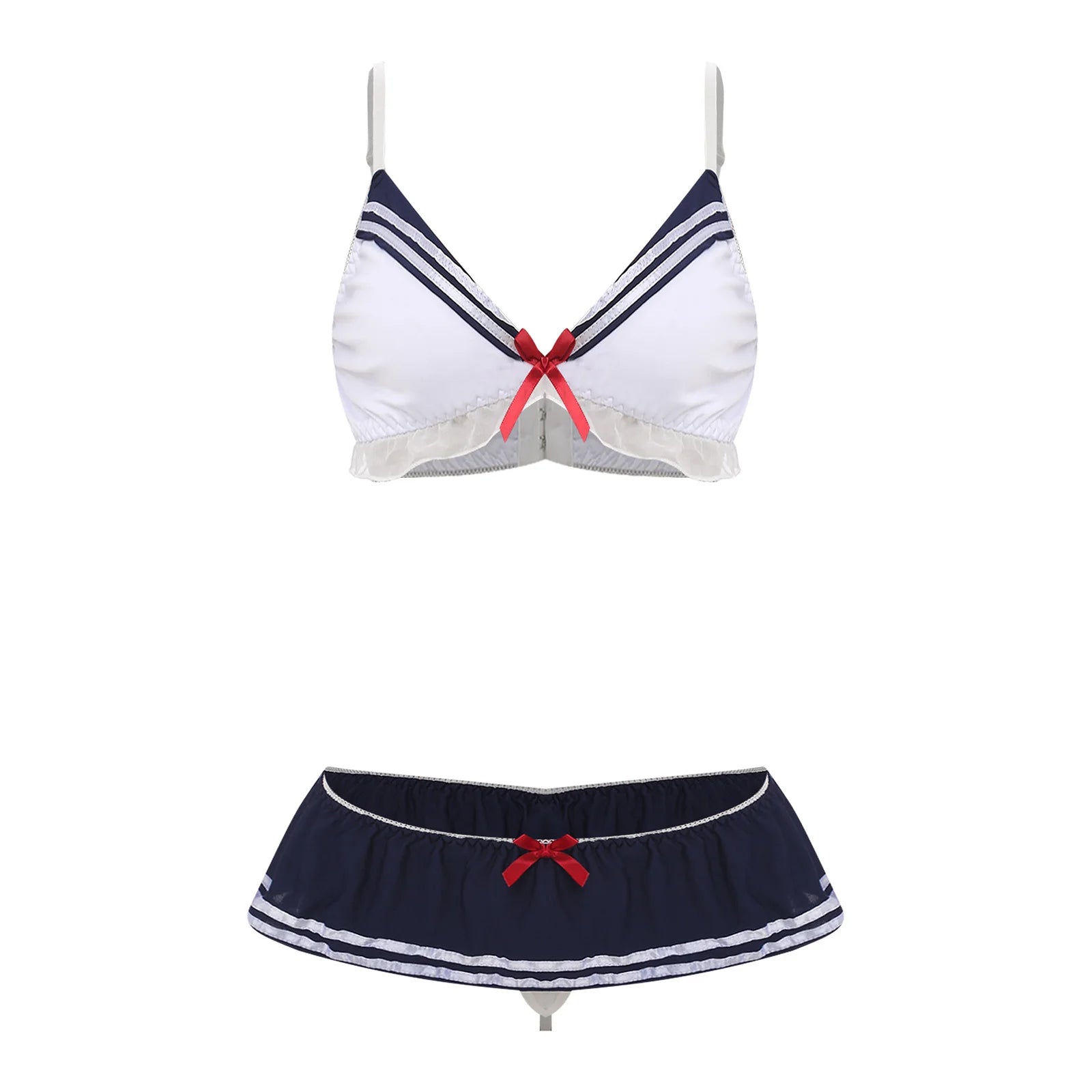 Women Two Pieces Sailor Bikini Swimsuit Swimwear Set Adjustable Shoulder Straps Bra Top with Elastic Waistband Skirted G-string