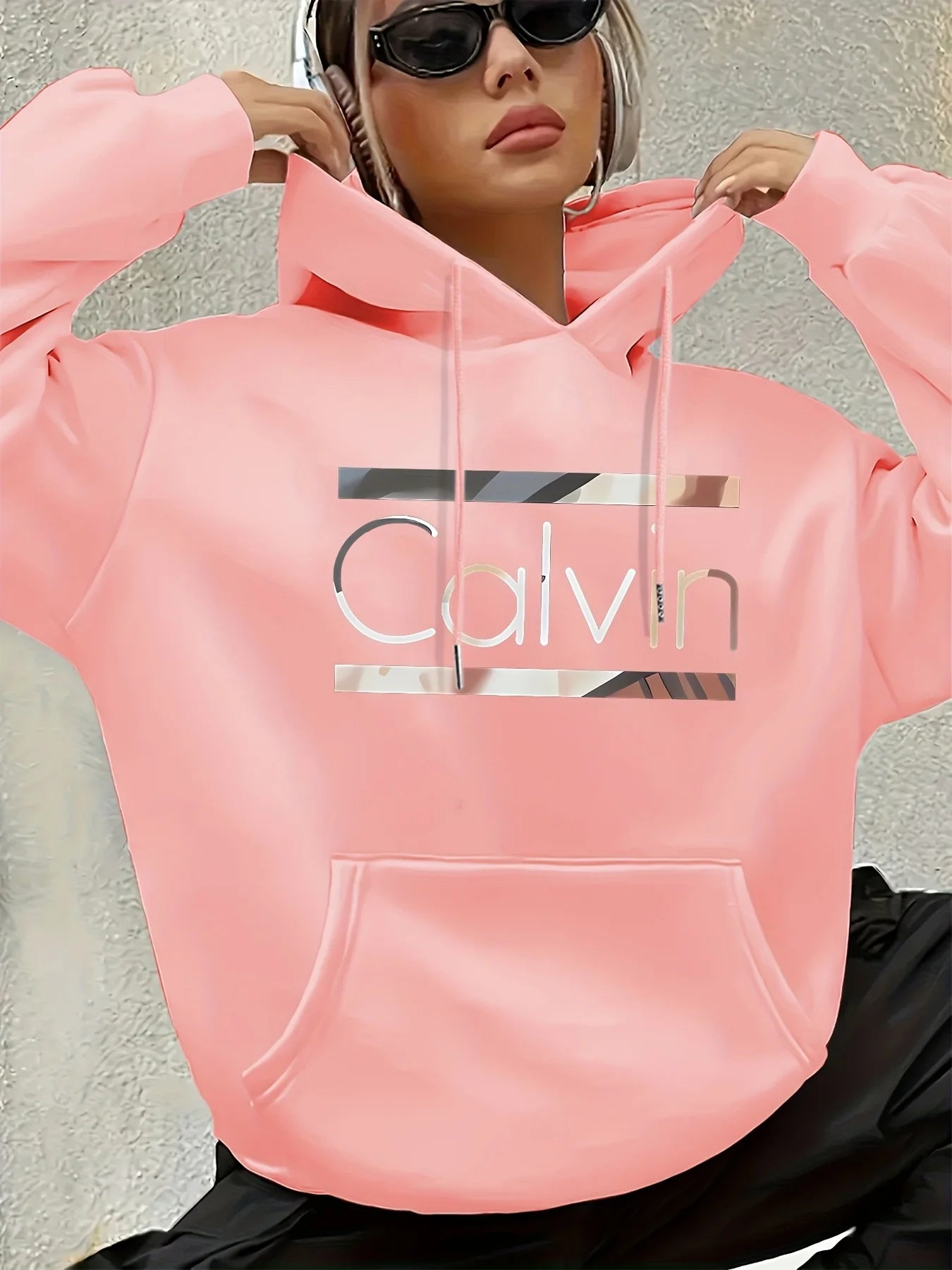 Women'S Vintage-Inspired Calvin Letter Print Hoodie Long Sleeve Kangaroo Pocket Fashion Casual HipHop Sweatshirt Harajuku Unisex