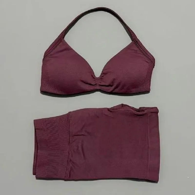 2 Piece Sports Gym Set Strappy Bra Yoga Underwear Short Sport Leggings Bicycle Running Sportswear Woman Seamless Yoga Set