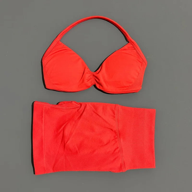 2 Piece Sports Gym Set Strappy Bra Yoga Underwear Short Sport Leggings Bicycle Running Sportswear Woman Seamless Yoga Set