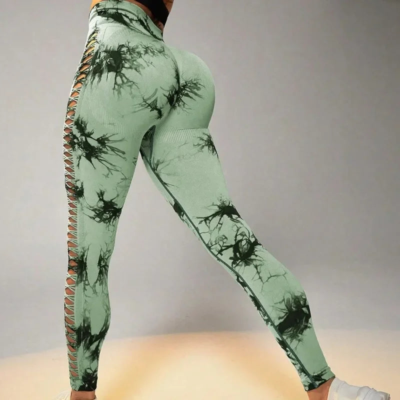 Women Hollow Out Tie Dye Legging Seamless Knit Pants High Elastic Hip Liftting Yoga Tights  Gym Running Sexy Slim Leggings