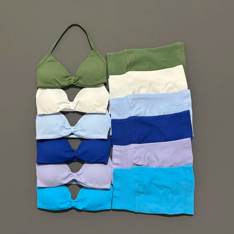 2 Piece Sports Gym Set Strappy Bra Yoga Underwear Short Sport Leggings Bicycle Running Sportswear Woman Seamless Yoga Set