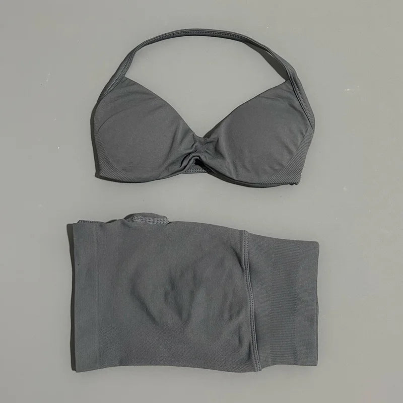 2 Piece Sports Gym Set Strappy Bra Yoga Underwear Short Sport Leggings Bicycle Running Sportswear Woman Seamless Yoga Set