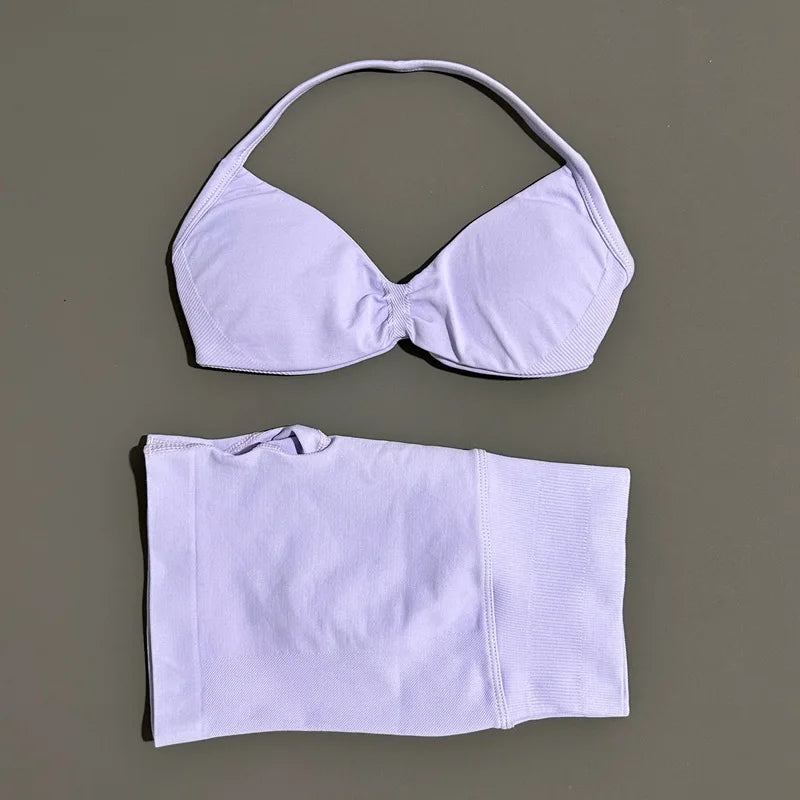 2 Piece Sports Gym Set Strappy Bra Yoga Underwear Short Sport Leggings Bicycle Running Sportswear Woman Seamless Yoga Set