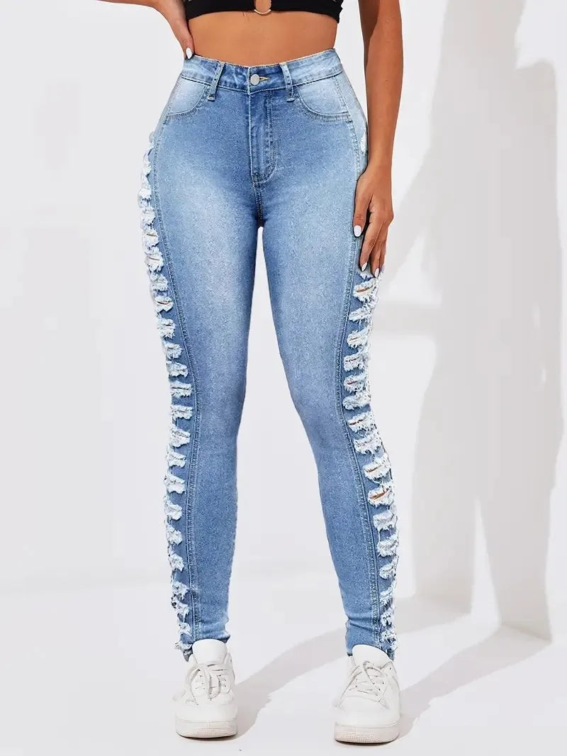 Women's fashionable washing light blue side layered ripped elastic slim fit and hip-retracted casual nine-point foot jeans