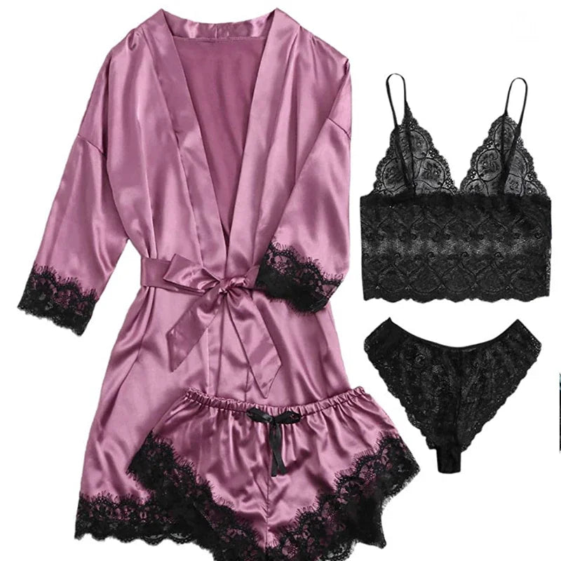 Women's Sexy Pajamas Nightgowns Lingerie Shorts 4-piece Lace Camisole Pajama Set Home Robe Nightgowns Leisure wear