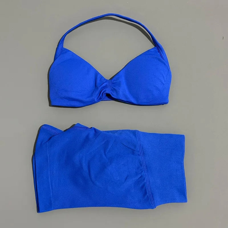 2 Piece Sports Gym Set Strappy Bra Yoga Underwear Short Sport Leggings Bicycle Running Sportswear Woman Seamless Yoga Set