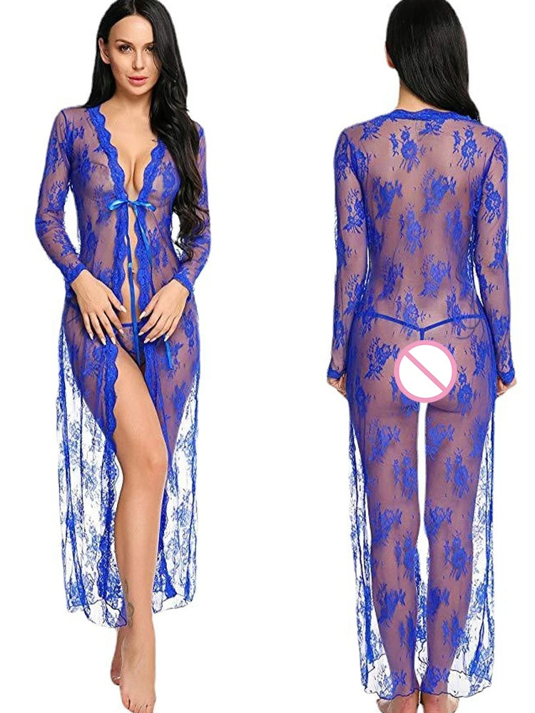 Sexy Lingerie Nightgowns Pink Floral Sleepwear Summer Slip Night Dress Deep-V Lace Sleep Dress Mesh See Through Babydoll Nightie