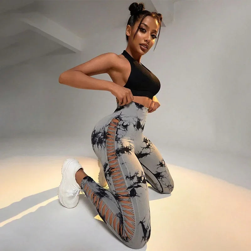 Women Hollow Out Tie Dye Legging Seamless Knit Pants High Elastic Hip Liftting Yoga Tights  Gym Running Sexy Slim Leggings