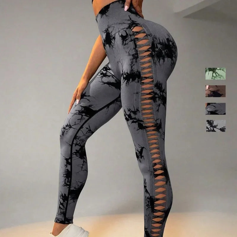 Women Hollow Out Tie Dye Legging Seamless Knit Pants High Elastic Hip Liftting Yoga Tights  Gym Running Sexy Slim Leggings