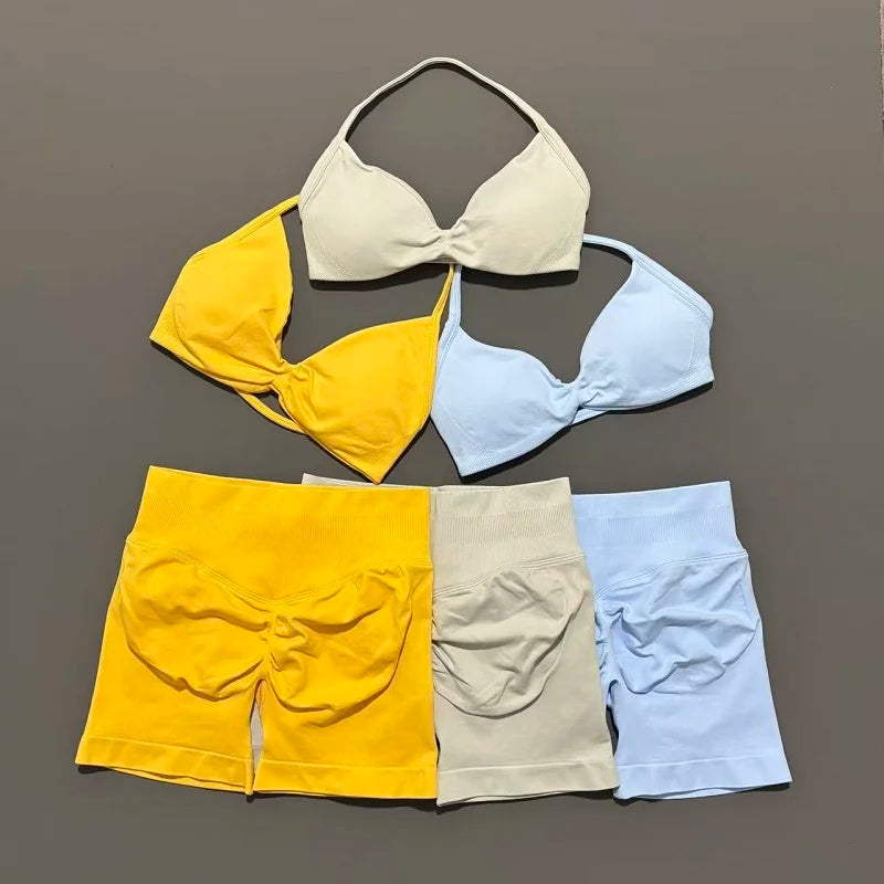 2 Piece Sports Gym Set Strappy Bra Yoga Underwear Short Sport Leggings Bicycle Running Sportswear Woman Seamless Yoga Set