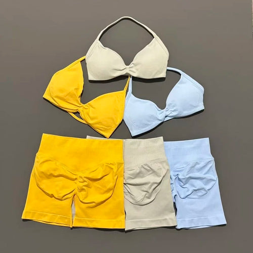 2 Piece Sports Gym Set Strappy Bra Yoga Underwear Short Sport Leggings Bicycle Running Sportswear Woman Seamless Yoga Set