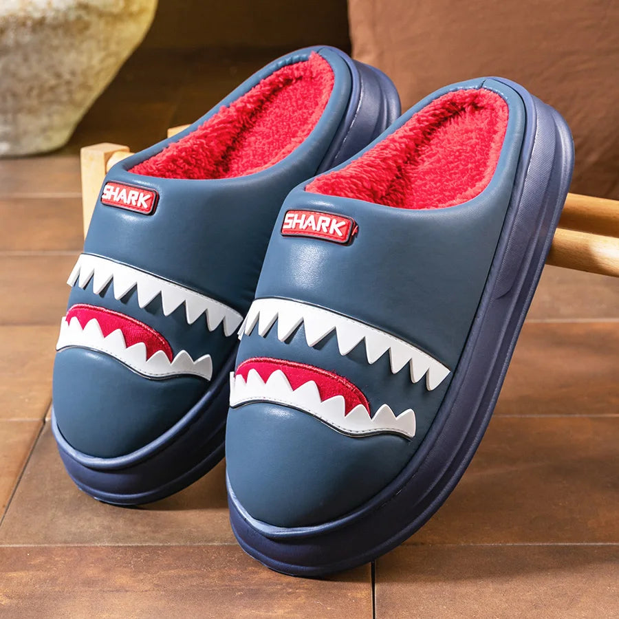 Warm Platform Slippers Men PU EVA Memory foam Soft Shark Cute Design Comfortable Non Slip House Shoes High Quality
