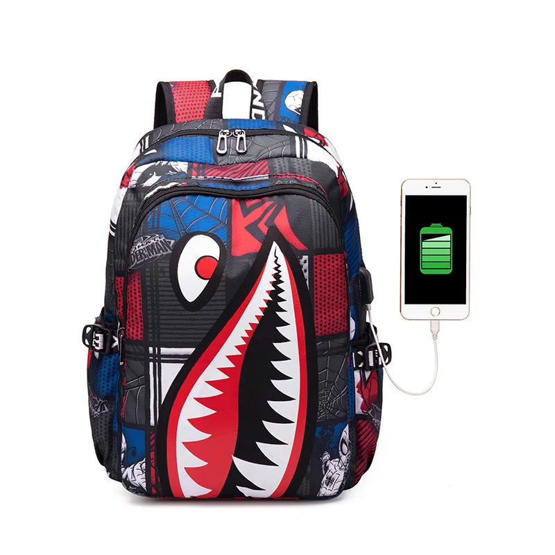 Backpack Elementary Bookbag Travel Rucksack Cartoon Shark Print Primary School Student Satchel Backpack Mochila Infantil