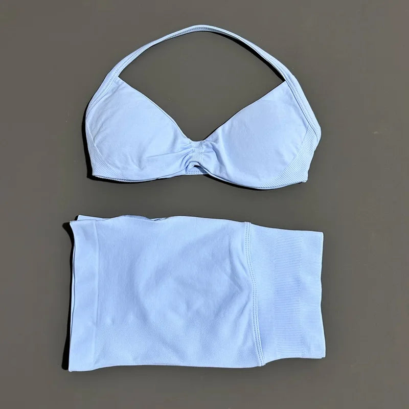 2 Piece Sports Gym Set Strappy Bra Yoga Underwear Short Sport Leggings Bicycle Running Sportswear Woman Seamless Yoga Set