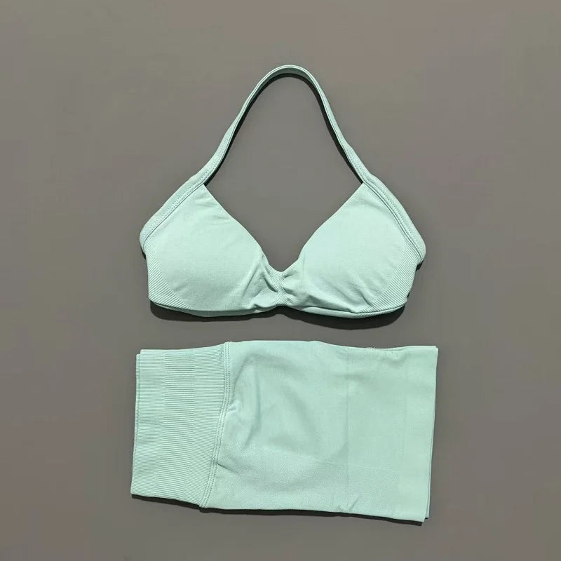 2 Piece Sports Gym Set Strappy Bra Yoga Underwear Short Sport Leggings Bicycle Running Sportswear Woman Seamless Yoga Set