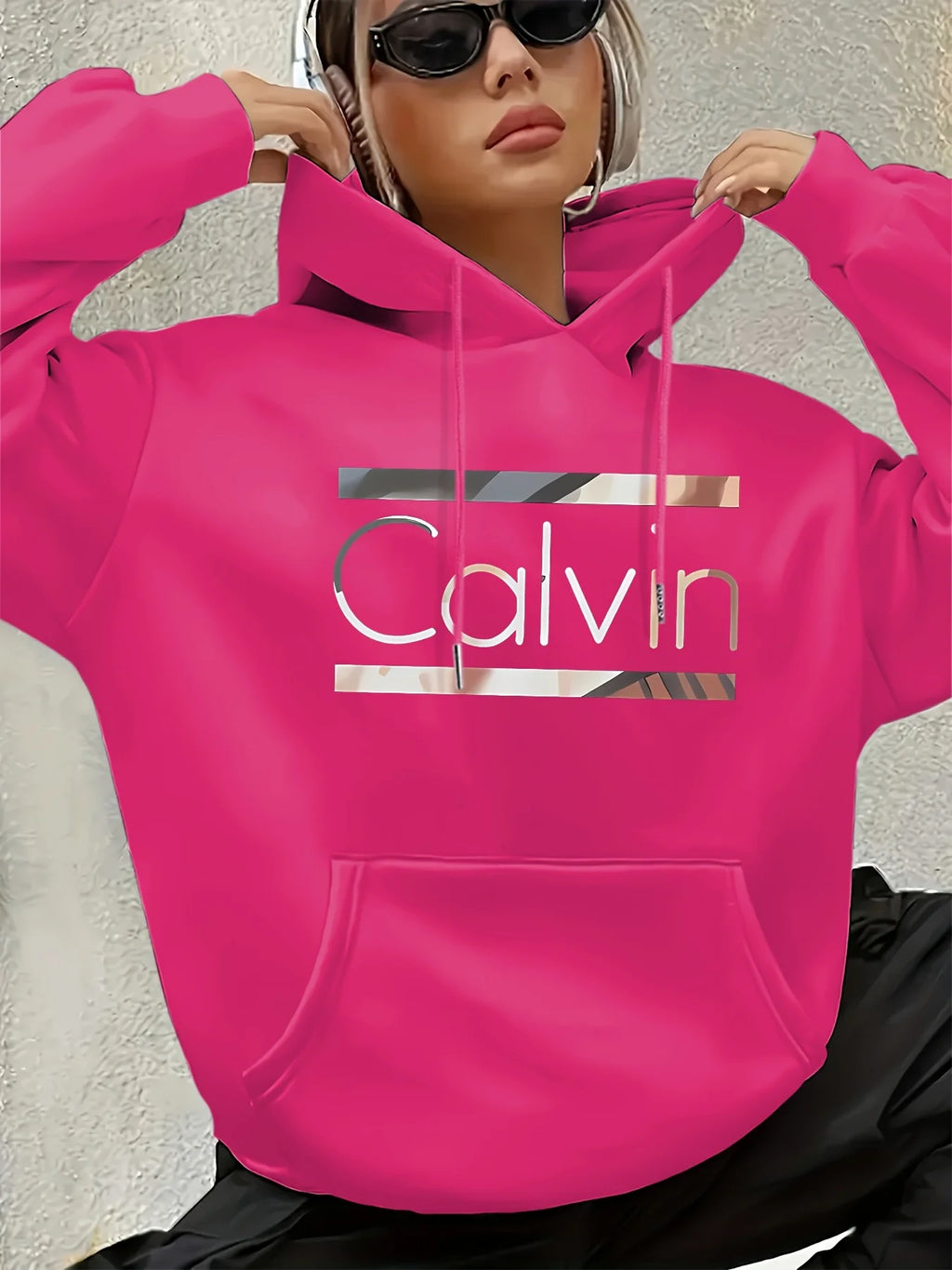 Women'S Vintage-Inspired Calvin Letter Print Hoodie Long Sleeve Kangaroo Pocket Fashion Casual HipHop Sweatshirt Harajuku Unisex