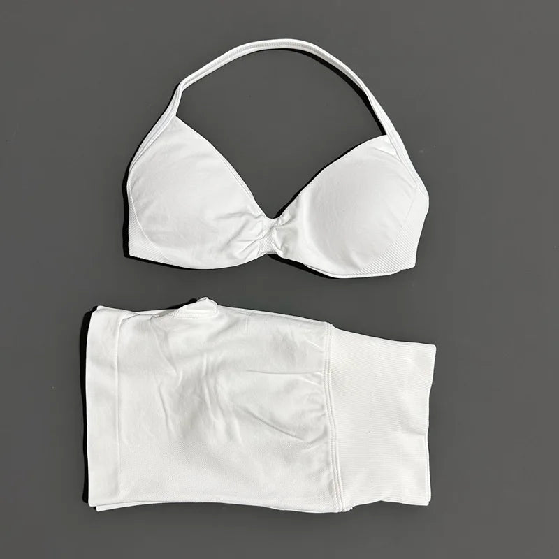 2 Piece Sports Gym Set Strappy Bra Yoga Underwear Short Sport Leggings Bicycle Running Sportswear Woman Seamless Yoga Set