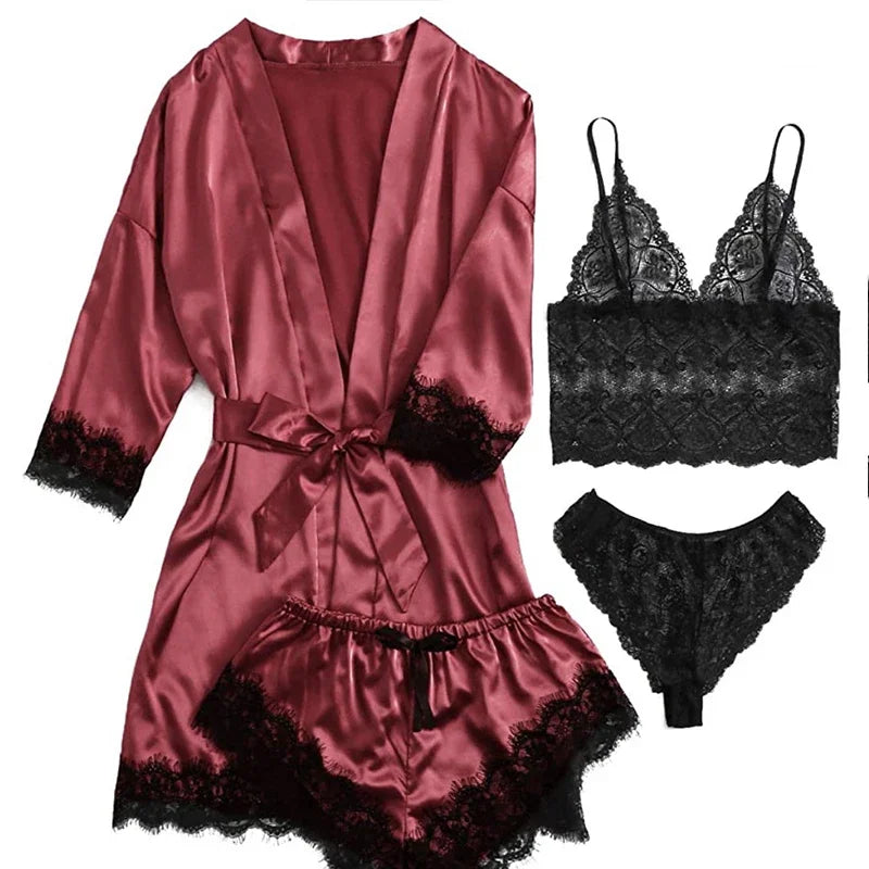 Women's Sexy Pajamas Nightgowns Lingerie Shorts 4-piece Lace Camisole Pajama Set Home Robe Nightgowns Leisure wear