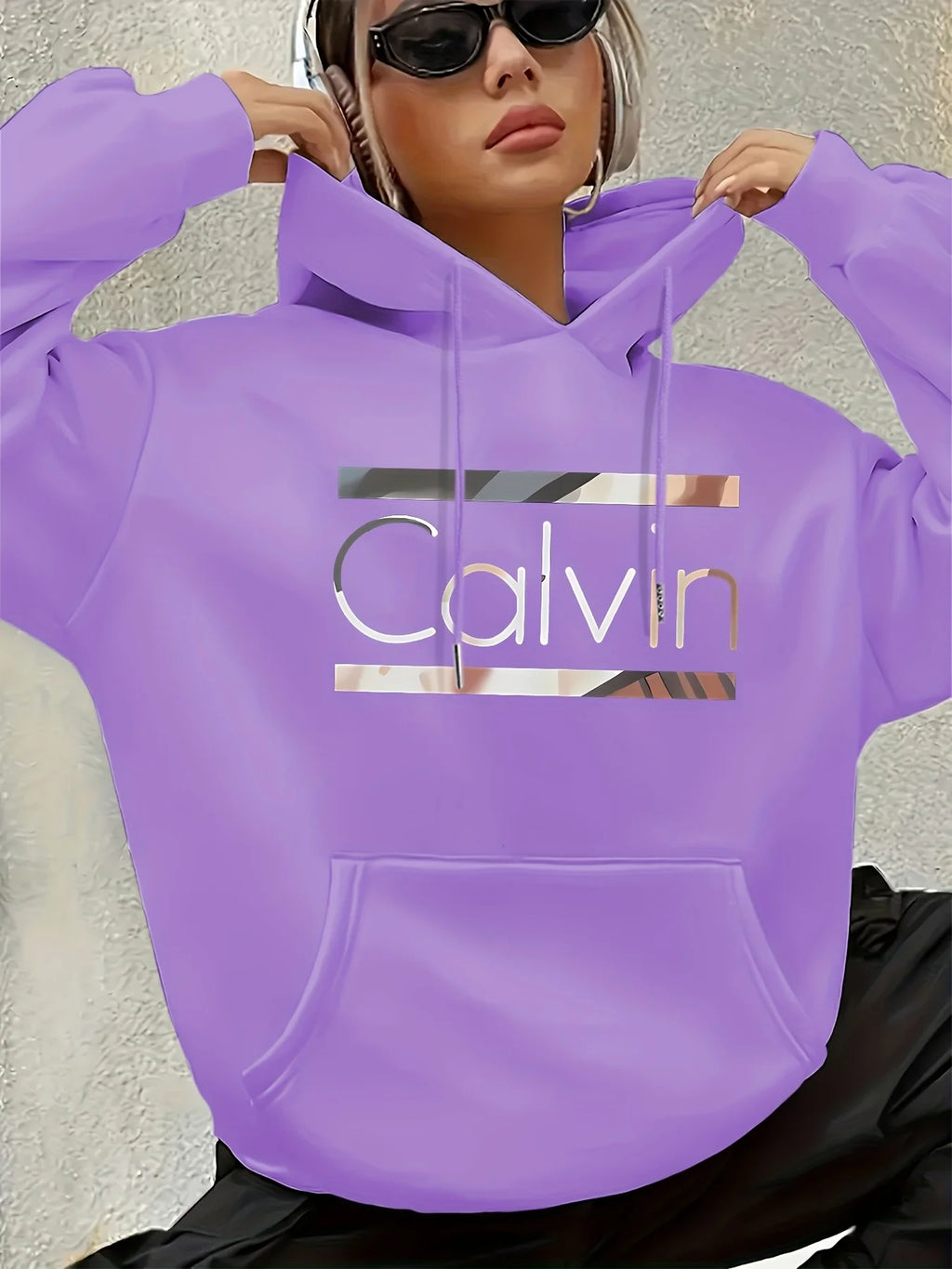 Women'S Vintage-Inspired Calvin Letter Print Hoodie Long Sleeve Kangaroo Pocket Fashion Casual HipHop Sweatshirt Harajuku Unisex