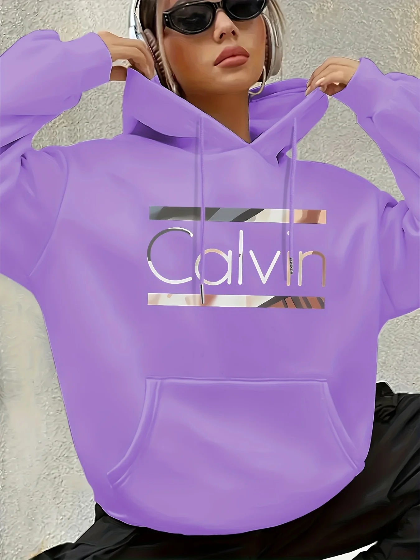 Women'S Vintage-Inspired Calvin Letter Print Hoodie Long Sleeve Kangaroo Pocket Fashion Casual HipHop Sweatshirt Harajuku Unisex