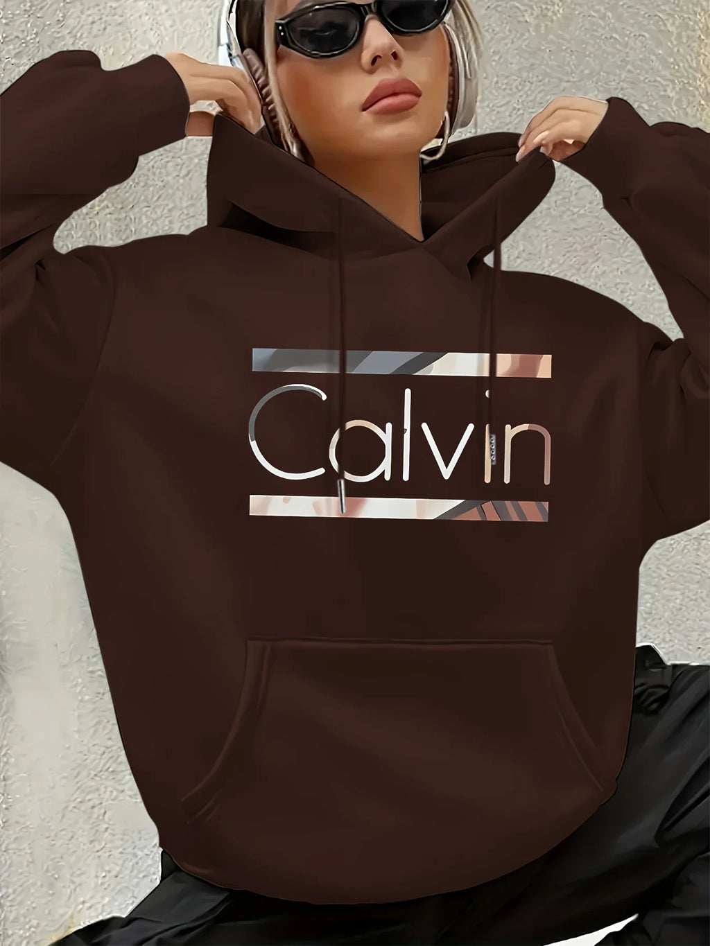 Women'S Vintage-Inspired Calvin Letter Print Hoodie Long Sleeve Kangaroo Pocket Fashion Casual HipHop Sweatshirt Harajuku Unisex