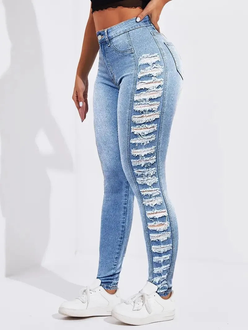 Women's fashionable washing light blue side layered ripped elastic slim fit and hip-retracted casual nine-point foot jeans
