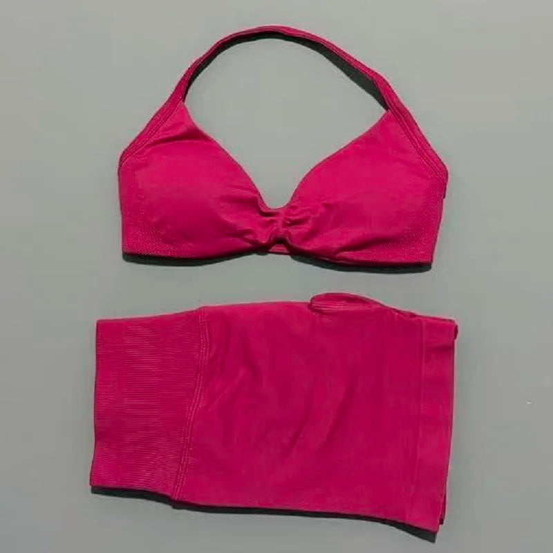 2 Piece Sports Gym Set Strappy Bra Yoga Underwear Short Sport Leggings Bicycle Running Sportswear Woman Seamless Yoga Set