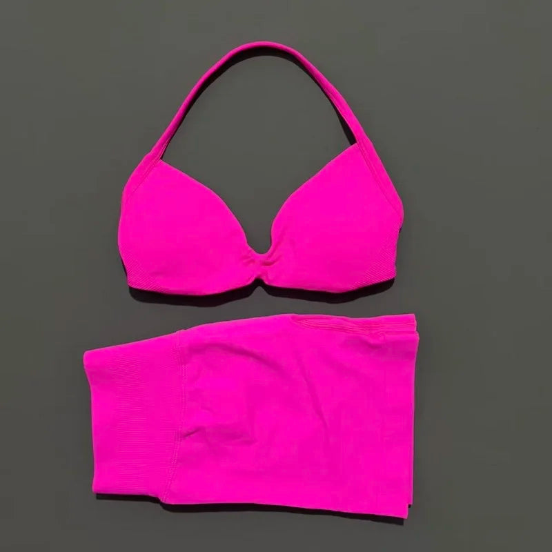 2 Piece Sports Gym Set Strappy Bra Yoga Underwear Short Sport Leggings Bicycle Running Sportswear Woman Seamless Yoga Set