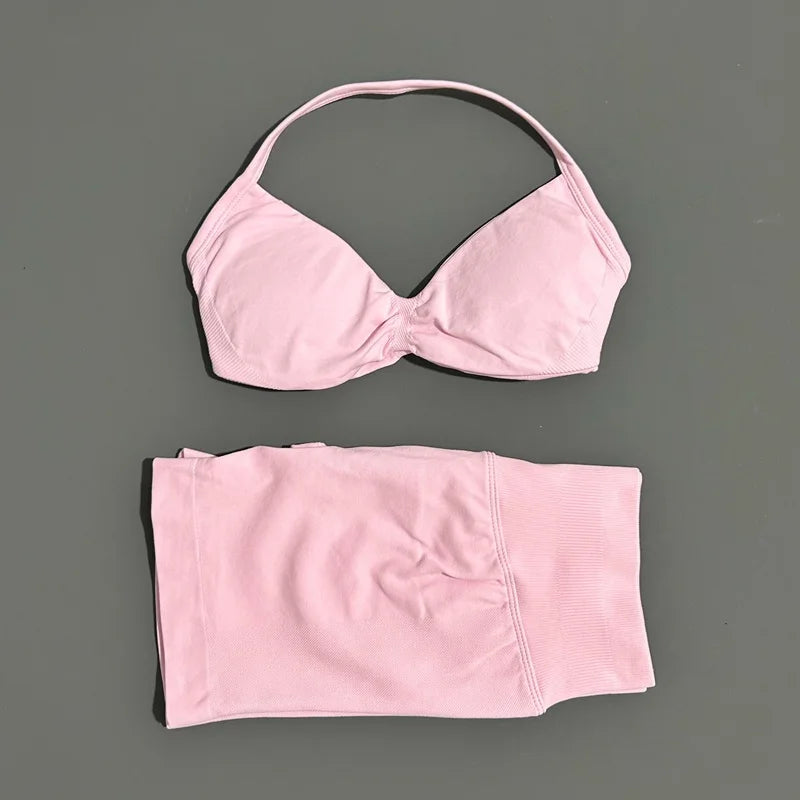 2 Piece Sports Gym Set Strappy Bra Yoga Underwear Short Sport Leggings Bicycle Running Sportswear Woman Seamless Yoga Set