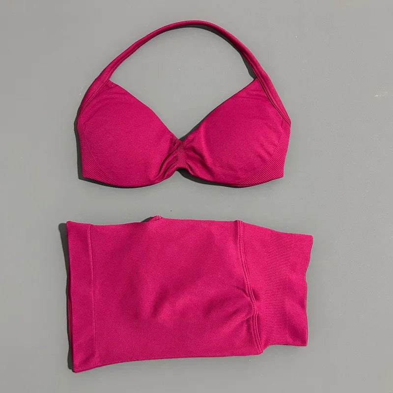 2 Piece Sports Gym Set Strappy Bra Yoga Underwear Short Sport Leggings Bicycle Running Sportswear Woman Seamless Yoga Set