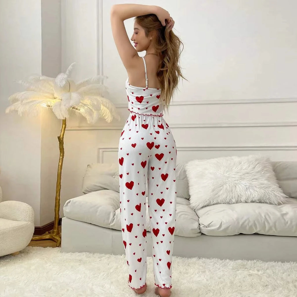 New Women pajamas plus size pajamas set 2 piece short vest + trouser white breathable soft casual love print