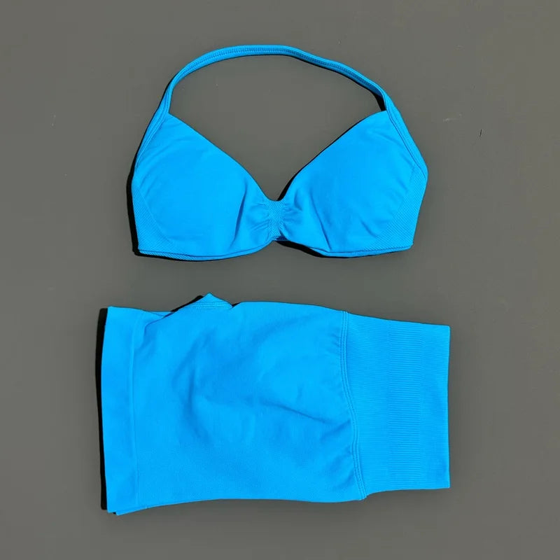 2 Piece Sports Gym Set Strappy Bra Yoga Underwear Short Sport Leggings Bicycle Running Sportswear Woman Seamless Yoga Set