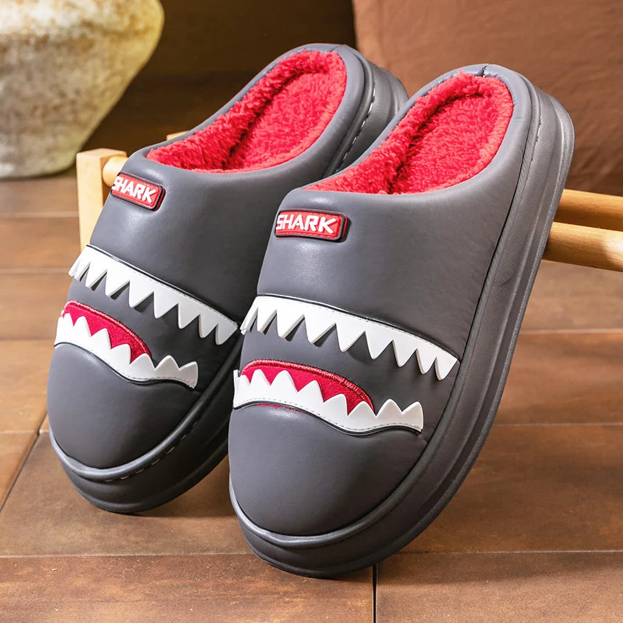 Warm Platform Slippers Men PU EVA Memory foam Soft Shark Cute Design Comfortable Non Slip House Shoes High Quality
