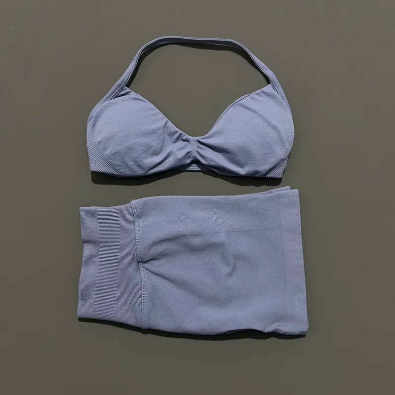 2 Piece Sports Gym Set Strappy Bra Yoga Underwear Short Sport Leggings Bicycle Running Sportswear Woman Seamless Yoga Set