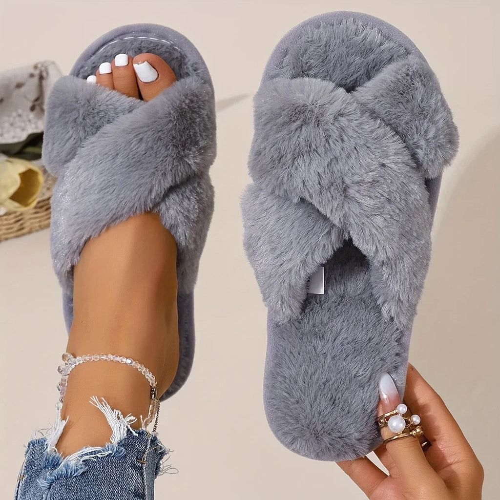 Popular Cross Furry Slippers Female Fluffy Slides Autumn Winter Outdoor Fashion Sexy EVA Light Flip Flops Sweat Soft Flat Shoes