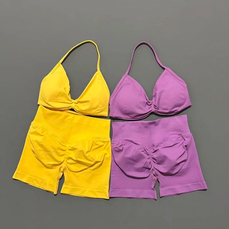 2 Piece Sports Gym Set Strappy Bra Yoga Underwear Short Sport Leggings Bicycle Running Sportswear Woman Seamless Yoga Set