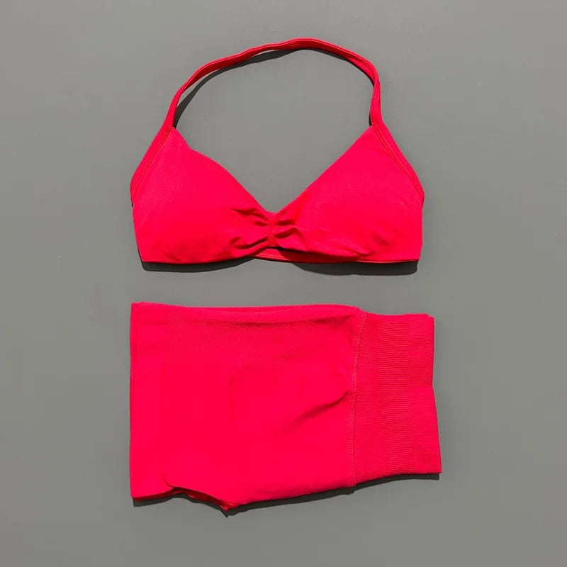 2 Piece Sports Gym Set Strappy Bra Yoga Underwear Short Sport Leggings Bicycle Running Sportswear Woman Seamless Yoga Set