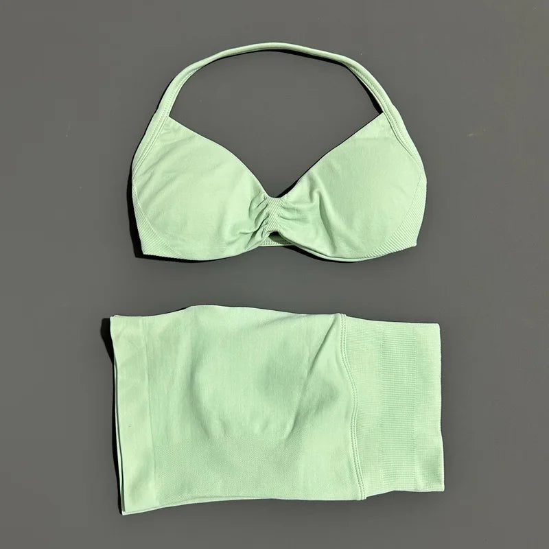 2 Piece Sports Gym Set Strappy Bra Yoga Underwear Short Sport Leggings Bicycle Running Sportswear Woman Seamless Yoga Set