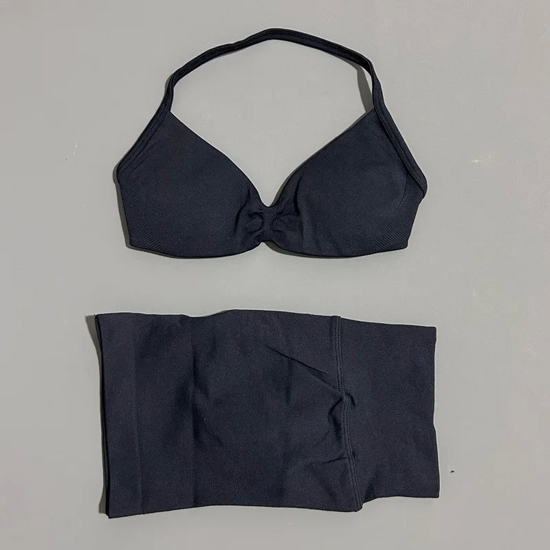 2 Piece Sports Gym Set Strappy Bra Yoga Underwear Short Sport Leggings Bicycle Running Sportswear Woman Seamless Yoga Set