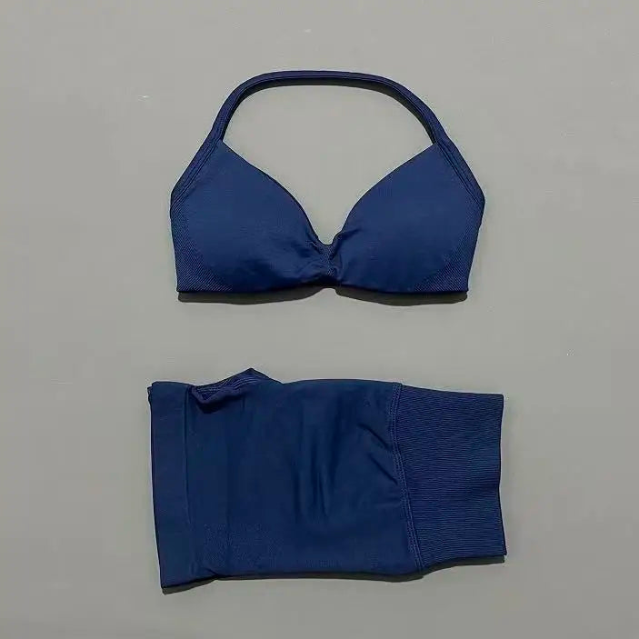 2 Piece Sports Gym Set Strappy Bra Yoga Underwear Short Sport Leggings Bicycle Running Sportswear Woman Seamless Yoga Set