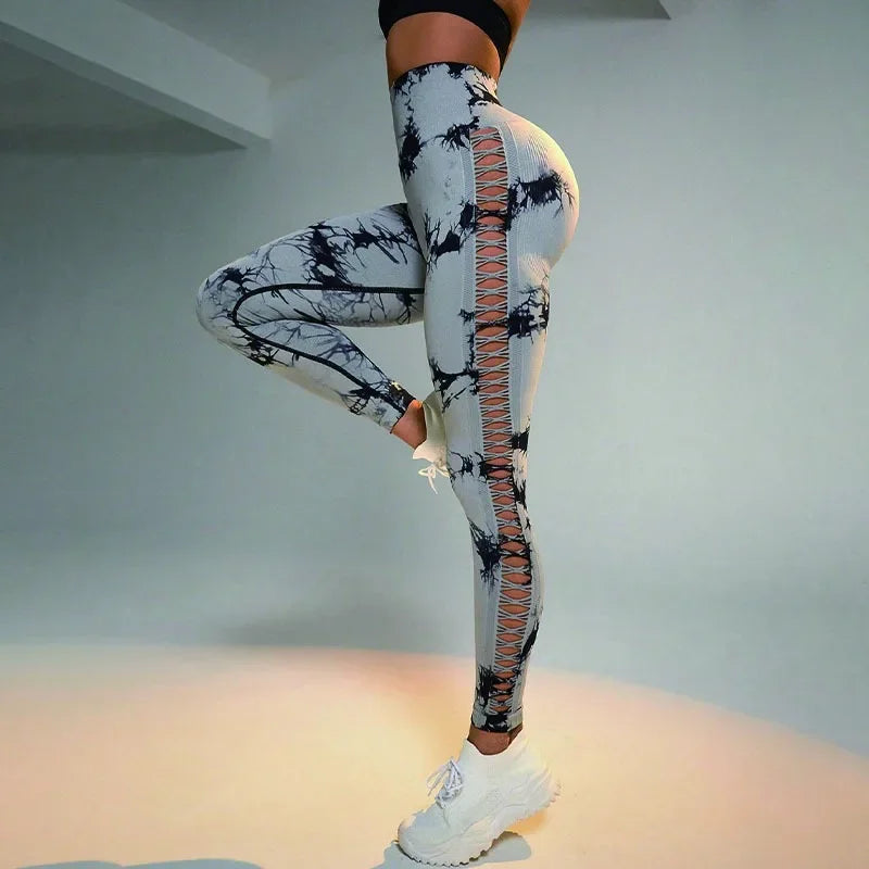 Women Hollow Out Tie Dye Legging Seamless Knit Pants High Elastic Hip Liftting Yoga Tights  Gym Running Sexy Slim Leggings
