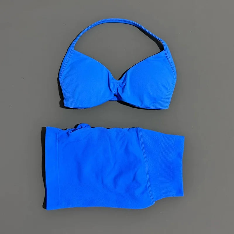 2 Piece Sports Gym Set Strappy Bra Yoga Underwear Short Sport Leggings Bicycle Running Sportswear Woman Seamless Yoga Set