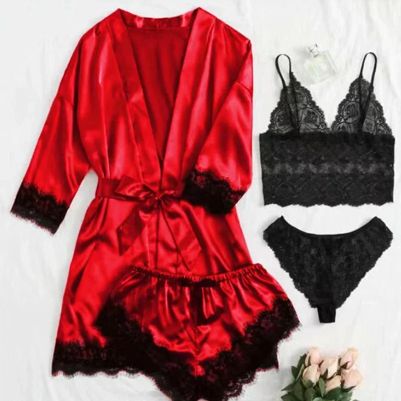 Women's Sexy Pajamas Nightgowns Lingerie Shorts 4-piece Lace Camisole Pajama Set Home Robe Nightgowns Leisure wear