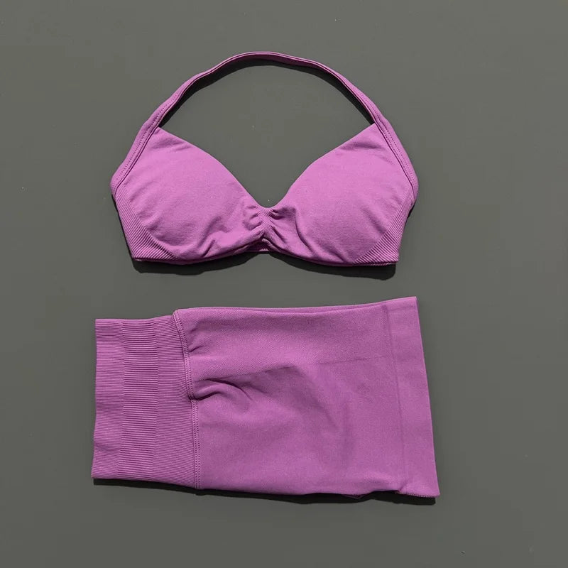 2 Piece Sports Gym Set Strappy Bra Yoga Underwear Short Sport Leggings Bicycle Running Sportswear Woman Seamless Yoga Set