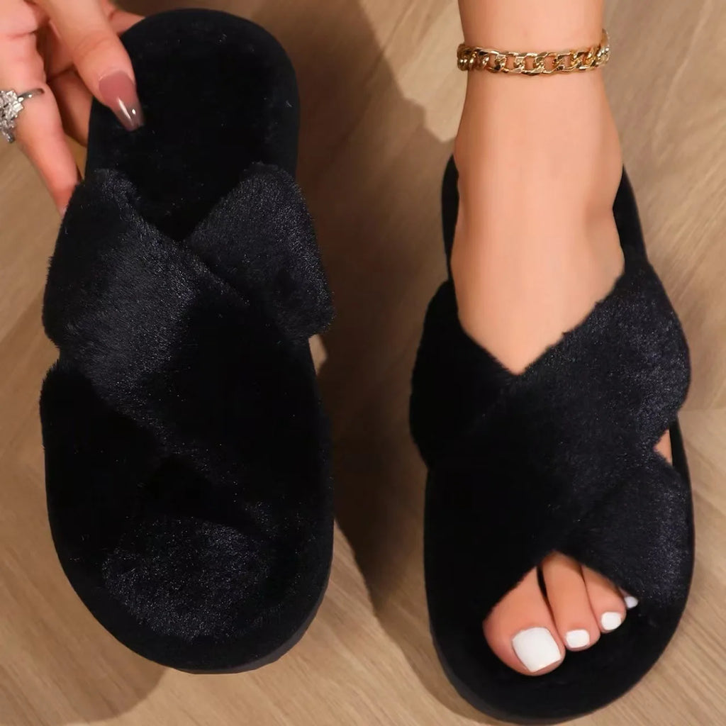Popular Cross Furry Slippers Female Fluffy Slides Autumn Winter Outdoor Fashion Sexy EVA Light Flip Flops Sweat Soft Flat Shoes