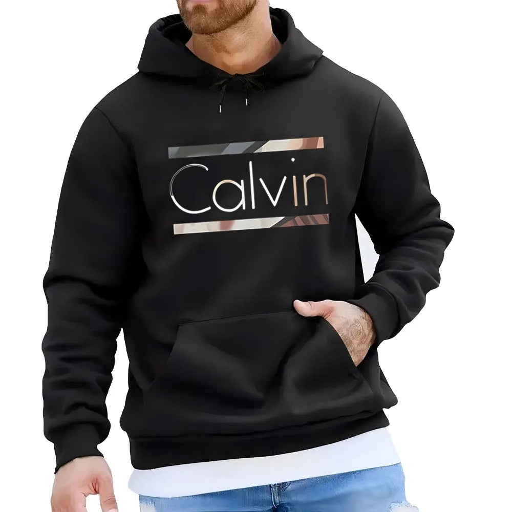 Men's autumn and winter casual fashion loose plus size Paris letter printed fleece warm pullover long sleeved hooded sweatshirt