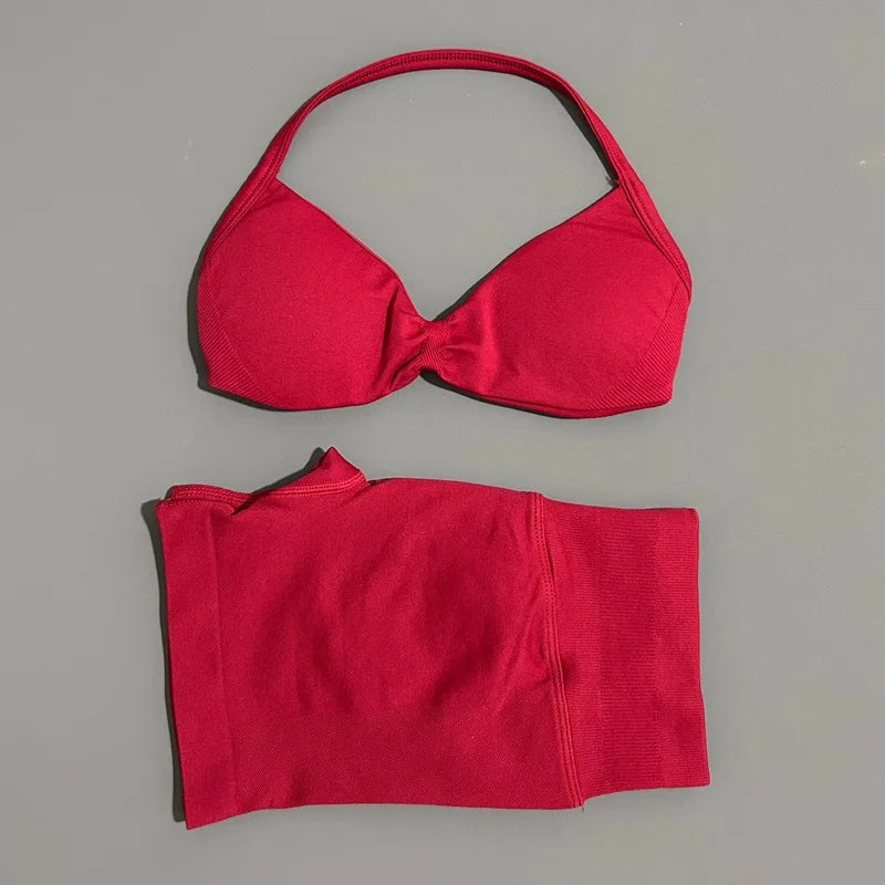 2 Piece Sports Gym Set Strappy Bra Yoga Underwear Short Sport Leggings Bicycle Running Sportswear Woman Seamless Yoga Set