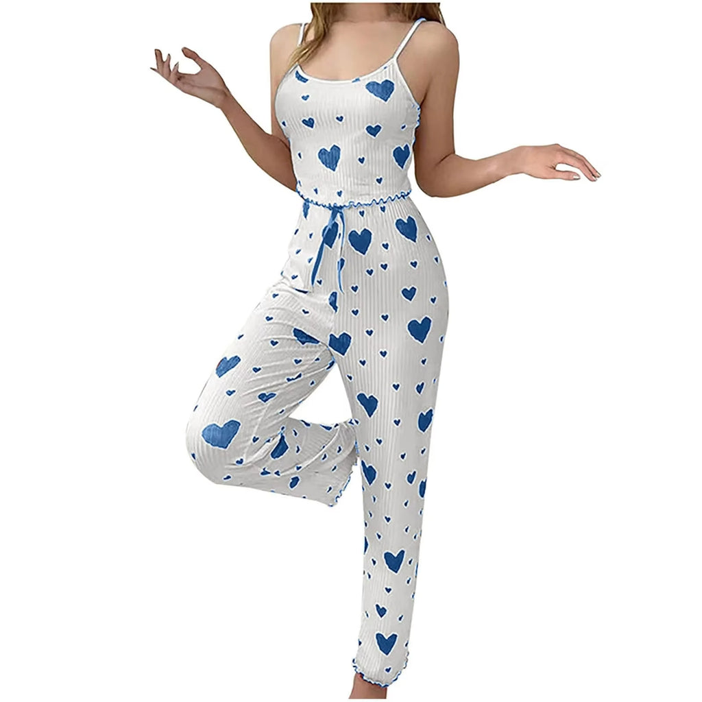 New Women pajamas plus size pajamas set 2 piece short vest + trouser white breathable soft casual love print